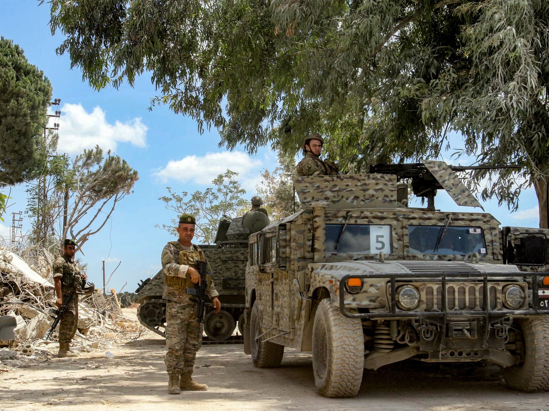 Lebanese army soldiers patrol the village of Zawtar al-Gharbiyeh in southern Lebanon on July 26, 2026.