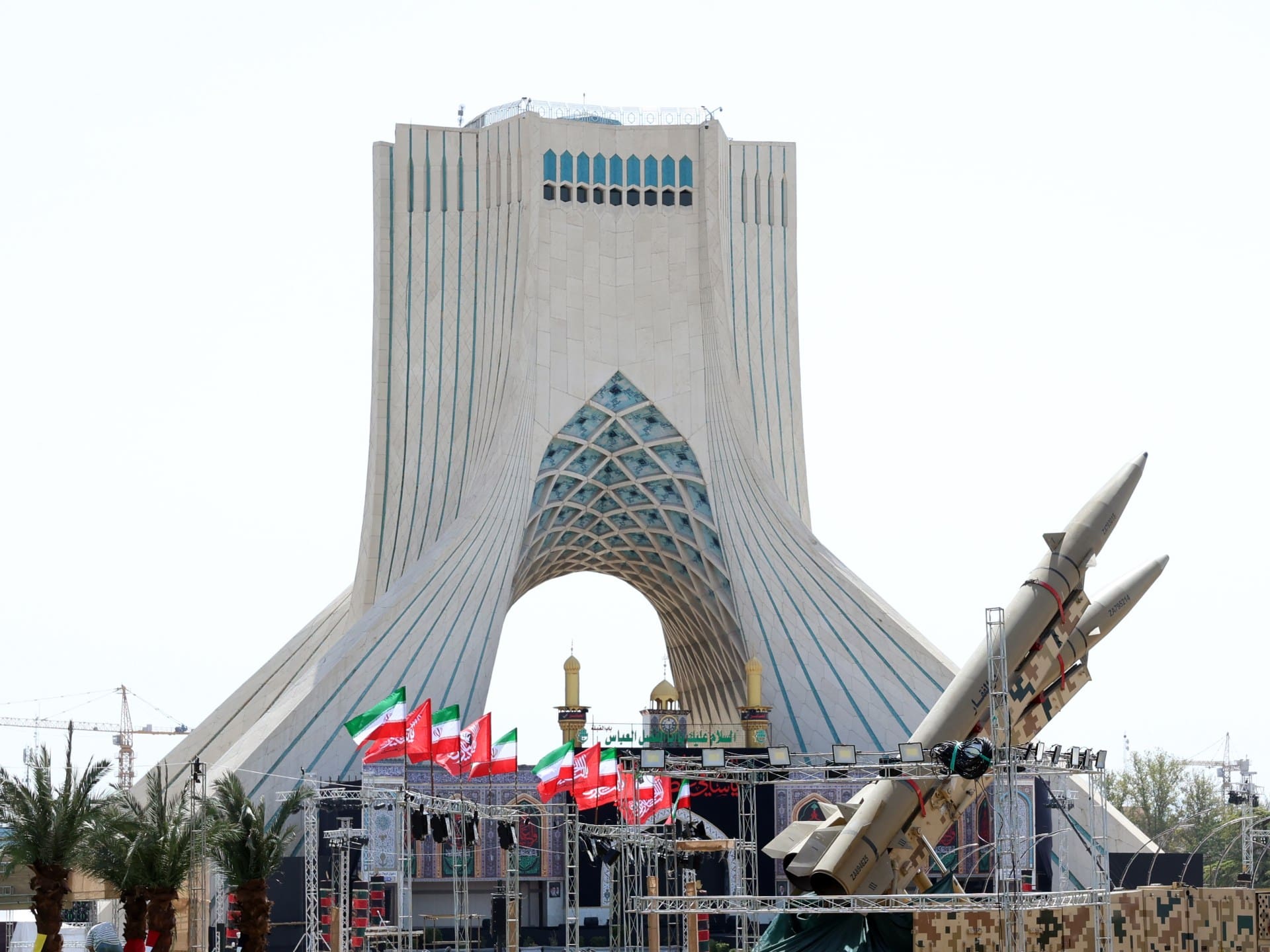 epa13129788 Iranian missiles, Zolfaghar, are on display at Azadi Square in Tehran, Iran, 24 July 2026. Conflict between Iran and the US over the Strait of Hormuz continues, as US strikes have targeted several locations across Iran. EPA/ABEDIN TAHERKENAREH RESTRICTIONS: NO Access Israel Media/Persian Language TV Stations Outside Iran/Strictly No Access BBC Persian/VOA Persian/Manoto TV/Iran International TV. (As mandated by Iran's Directorate General for Foreign Media) --