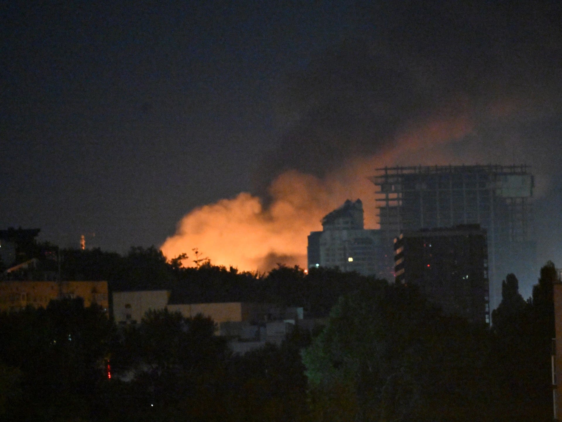 The photograph shows a fire following massive Russian ballistic missile strikes in the Ukrainian capital of Kyiv on August 1, 2026, amid the Russian invasion in Ukraine.