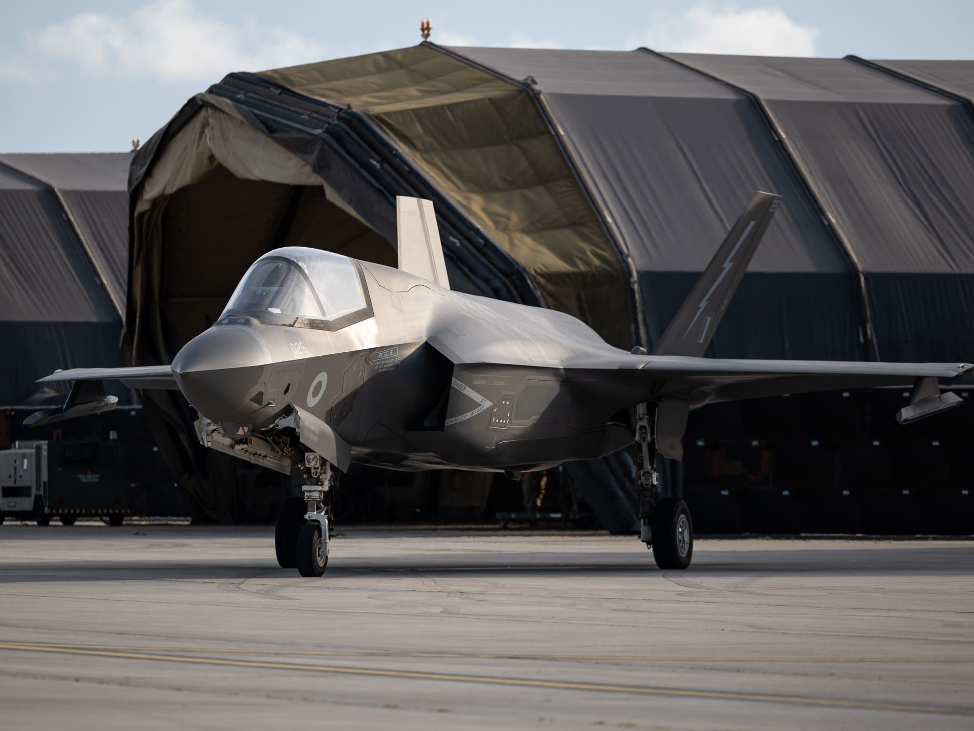 AKROTIRI, CYPRUS - FEBRUARY 3: (EDITORS NOTE: Names have been blurred from jets and surcoats to protect MOD Staff) In this handout image provided by the UK Ministry of Defence, a F-35B Lightning jet conducts QRA (Quick Reaction Alert) training on February 9, 2026 operating from RAF Akrotiri in Akrotiri, Cyprus. RAF Akrotiri is a Royal Air Force permanent joint operating base located within the British Sovereign Base Area of Akrotiri on the island of Cyprus. Established in 1955, it serves as a critical strategic hub for the United Kingdom. The base acts as a vital staging post for military aircraft, a forward mounting base for operations in the Middle East, and a center for intelligence, surveillance, and training. (Photo by AS1 Amber Mayall/MoD Crown Copyright via Getty Images)